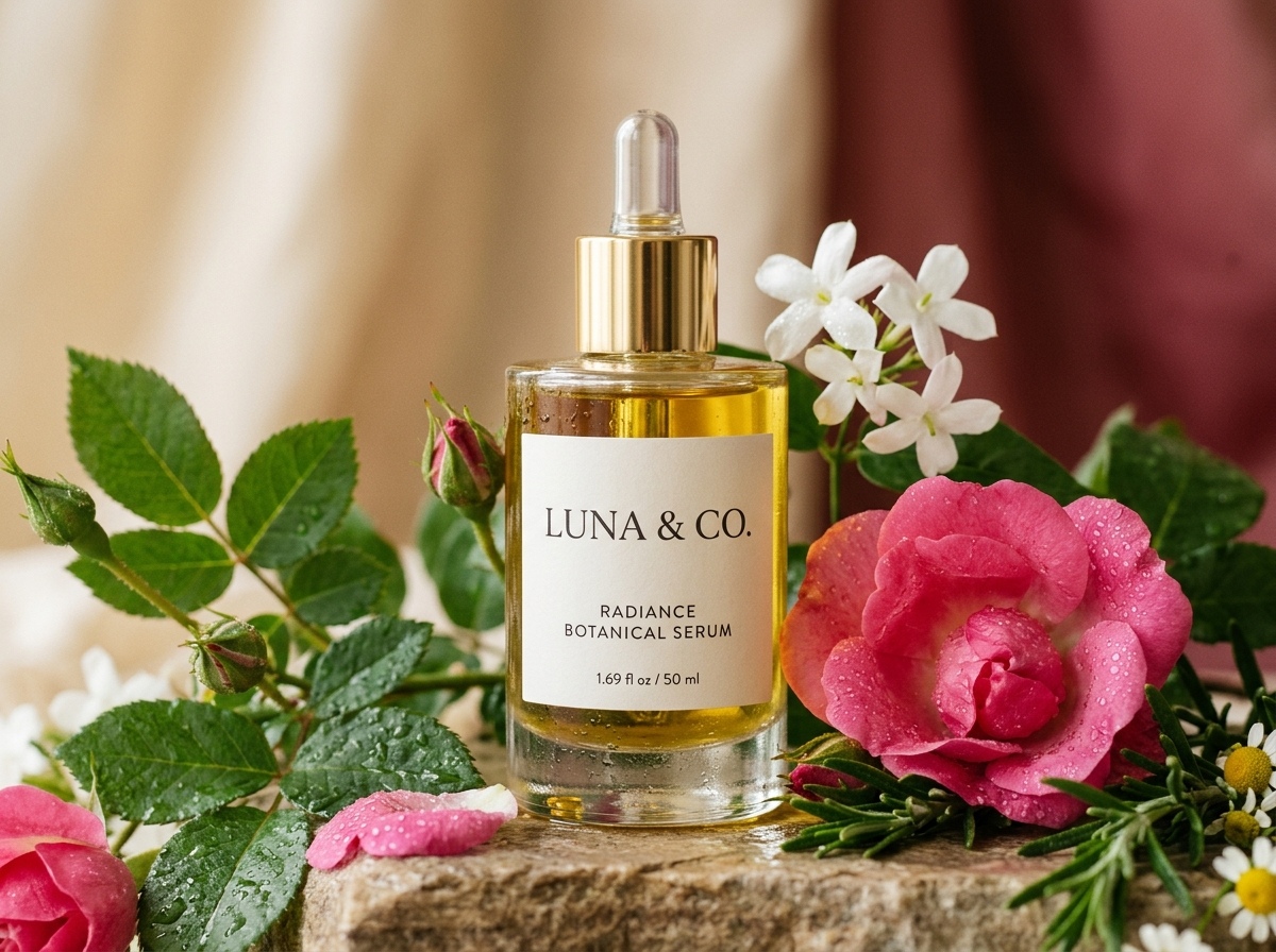 Luna & Co. botanical skincare bottle surrounded by fresh ingredients