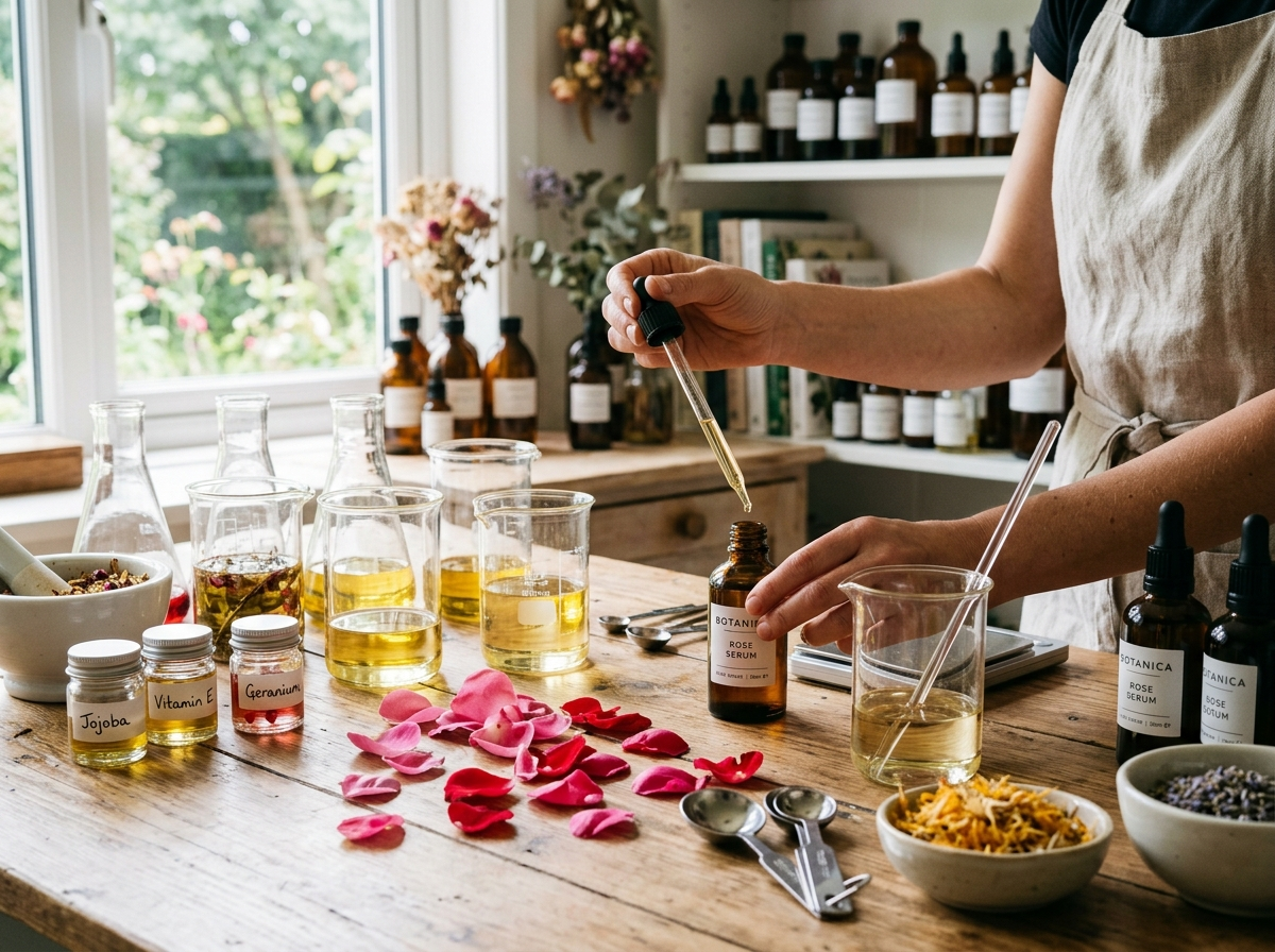 Artisan skincare laboratory with cold-pressed botanical formulations